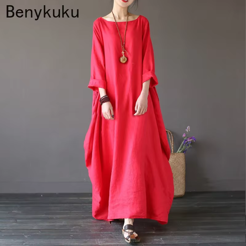 Vintage longue robe Maxi femmes à manches longues grande taille caftan Baggy ample coton lin robes d