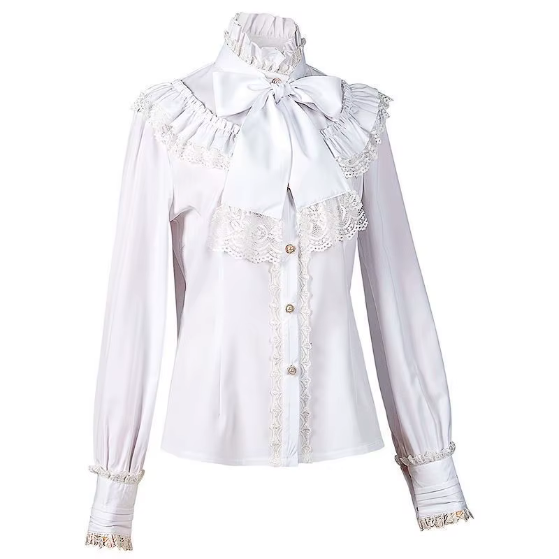 Chemisier Élégant Gothique pour Femme, Nouvelle Collection Printemps 2026, Col Montant à Volants, Bo