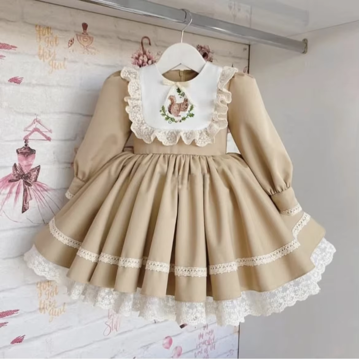 Robe de princesse Vintage kaki brodée d'écureuil pour bébé fille de 0 à 12 ans, pour photographie d'