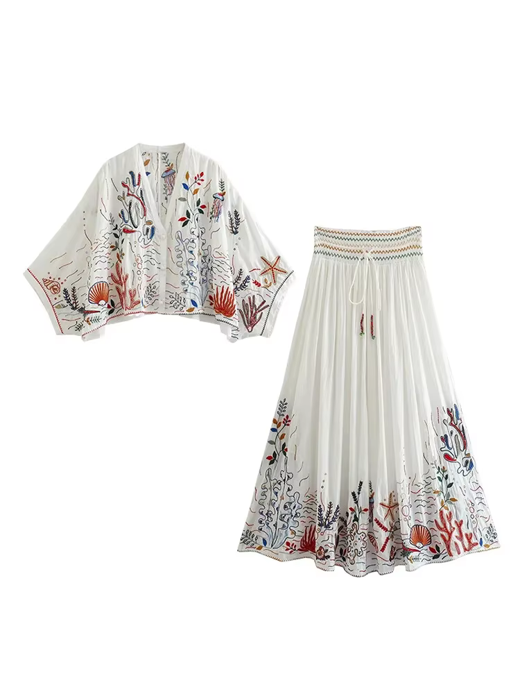 Jupe Maxi Brodée à Manches Chauve-Souris en Coton Blanc, Organisme Marin, Ensemble de Robe à Glands,