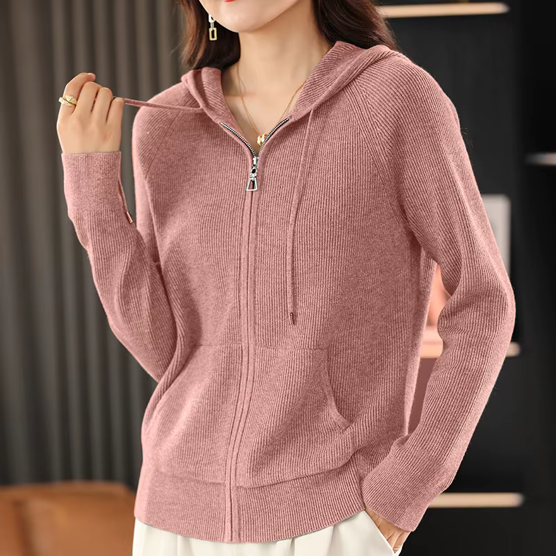 Pull en mélange de laine pour femme, col à capuche, tricoté épais, fermeture éclair, avec base de po