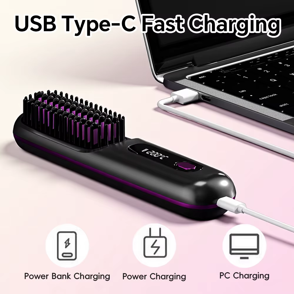 Brosse lissante sans fil rechargeable, peigne lissant à ions négatifs avec 3 réglages de température
