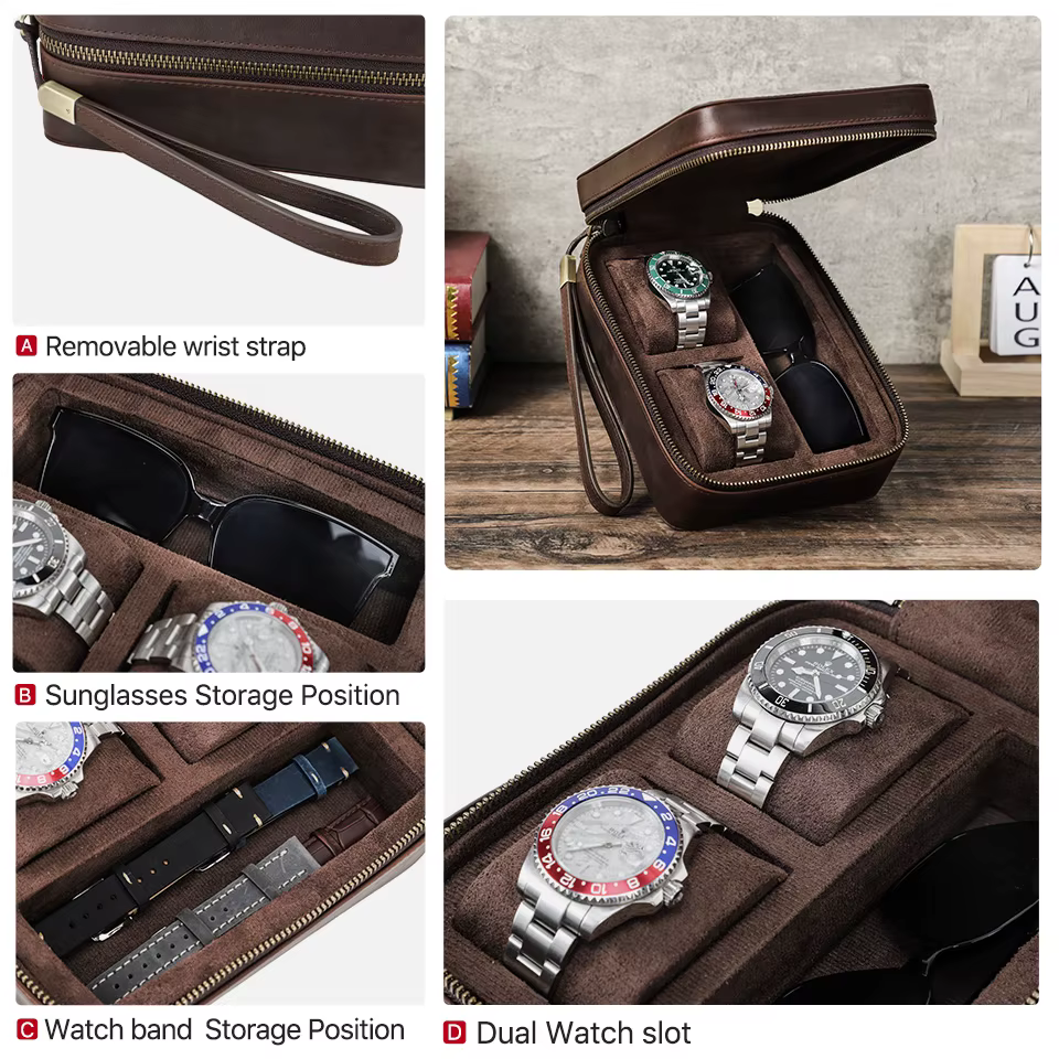 Étui de montre de luxe en cuir véritable, boîte à bijoux pour lunettes de soleil, montres portables 