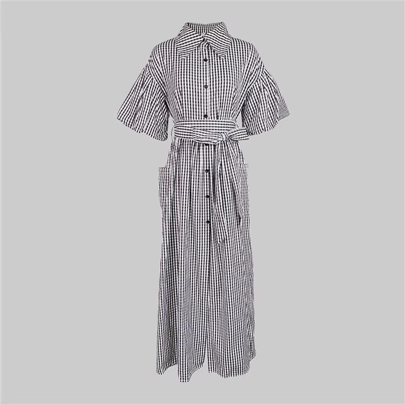 Yeezzi 2025 nouvelle mode Plaid revers chemise robe femmes manches à volants poches boutonnées fente