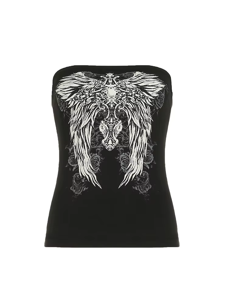 Haut tubulaire noir imprimé gothique pour femmes, sans bretelles, slim, court, décontracté, Chic, t-