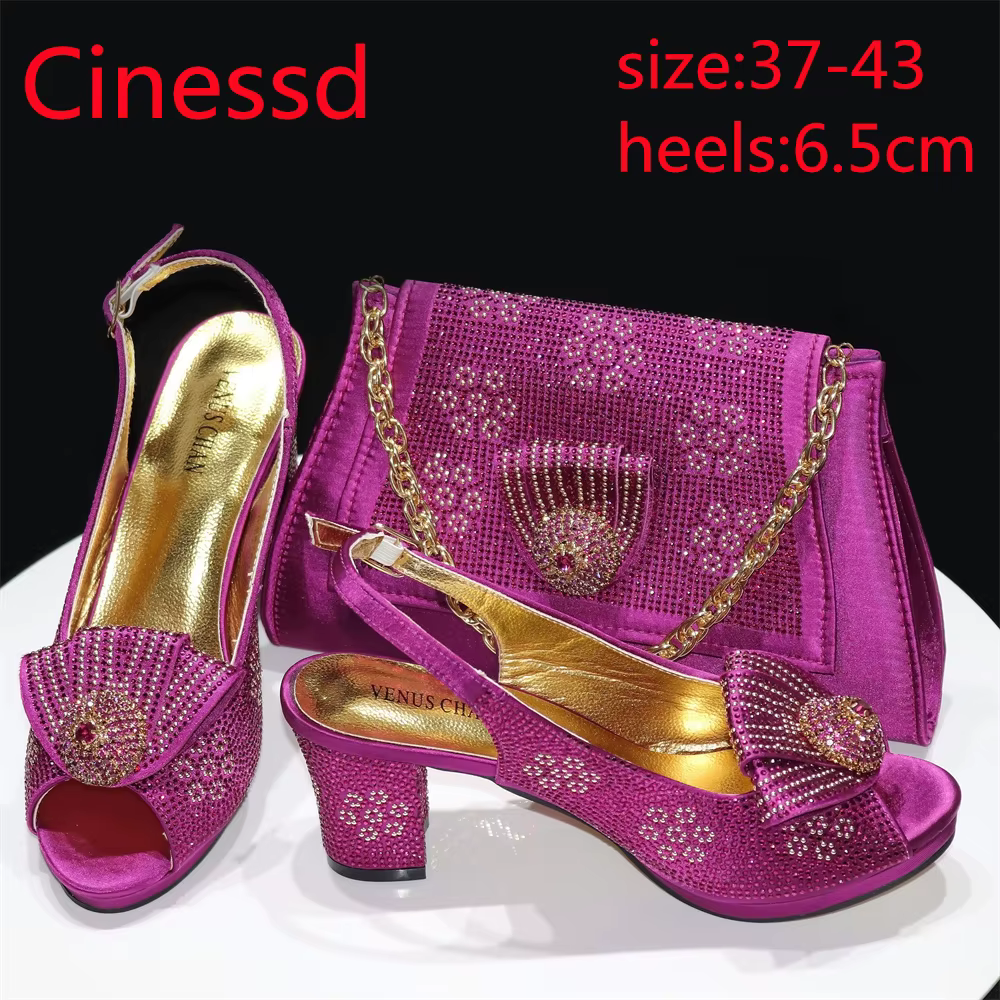 Ensemble de chaussures et de sacs nigérians pour femmes, escarpins en cristal complet, talons carrés