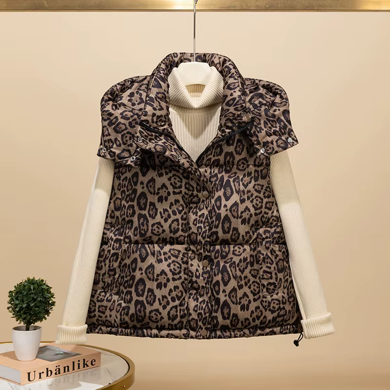 Gilet en coton imprimé léopard pour femmes, veste sans manches à capuche, mode américaine, manteau c