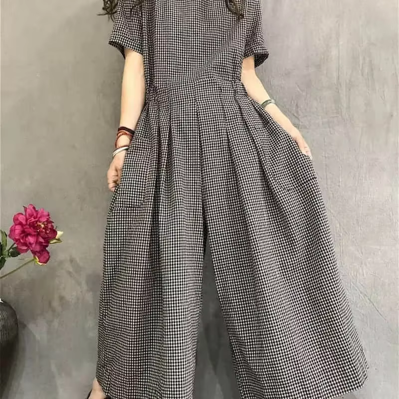 Combinaisons femmes coton lin manches courtes combishorts une pièce tenue femmes à lacets taille hau
