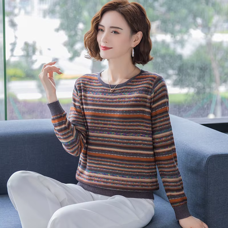 S-3XL d'âge moyen mère pull de base femmes printemps automne nouveau rayé manches longues haut col r