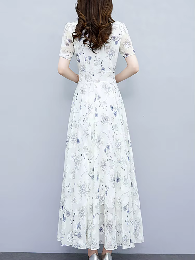 Robe longue à fleurs blanches, style boho décontracté, tenue de plage, vacances, manches courtes, él