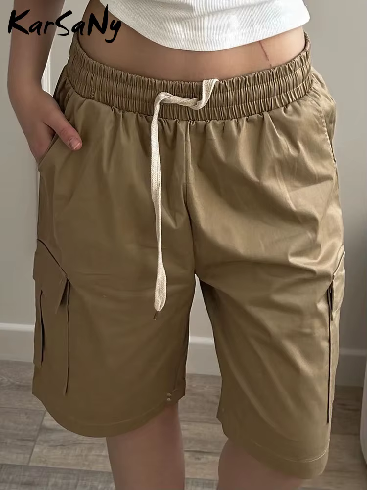 Short cargo taille haute pour femme, bermuda d'été, monochrome, grande poche, décontracté, jambe dro