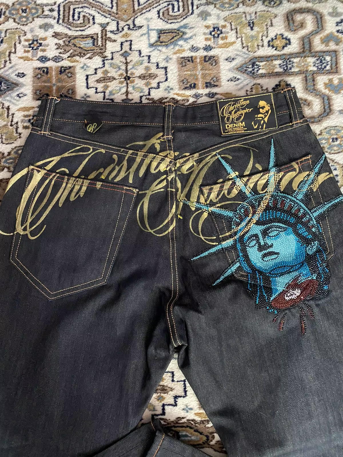 Jean décontracté vintage années 2000 avec motif Statue de la Liberté et diamants, taille haute, coup