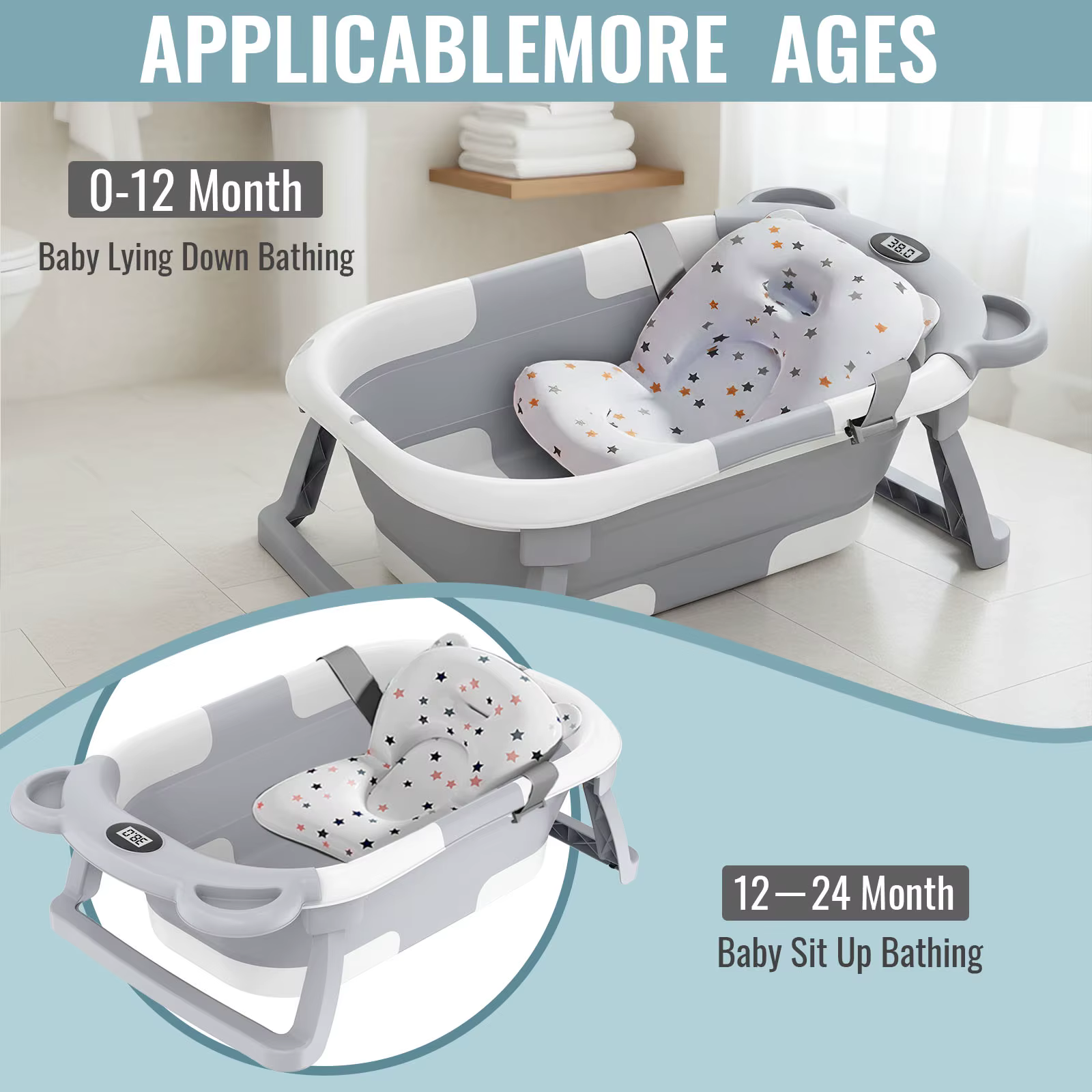Baignoire pliable pour bébé avec thermomètre, baignoire de voyage portable avec tapis de bain doux, 