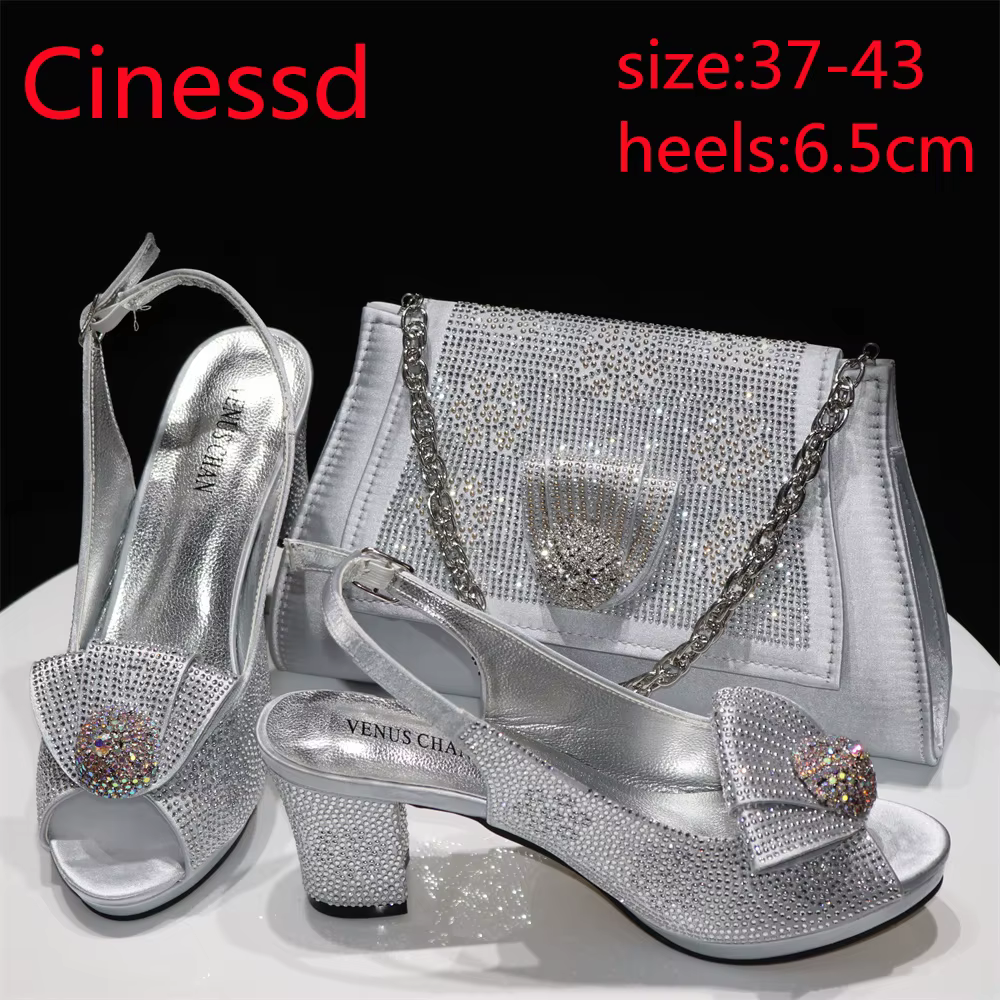 Ensemble de chaussures et de sacs nigérians pour femmes, escarpins en cristal complet, talons carrés