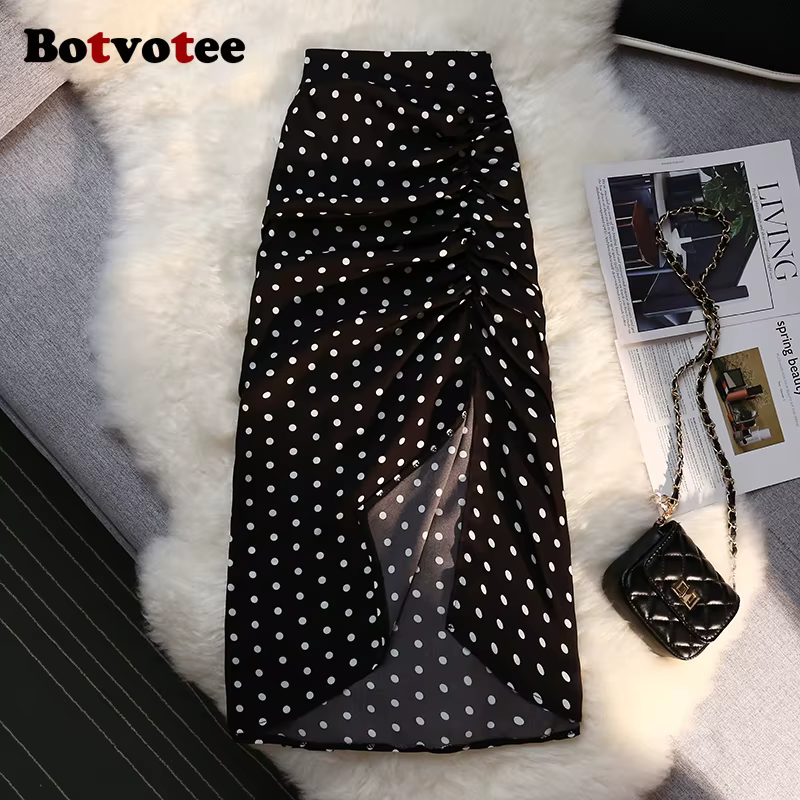 Botvotee Sexy Vintage Pokal Dot imprimé trompette jupe Midi pour les femmes dos élastique côté fendu
