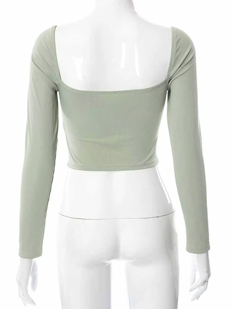 Haut court à manches longues et col en v pour femme, haut court ajouré, décontracté, mode printemps-