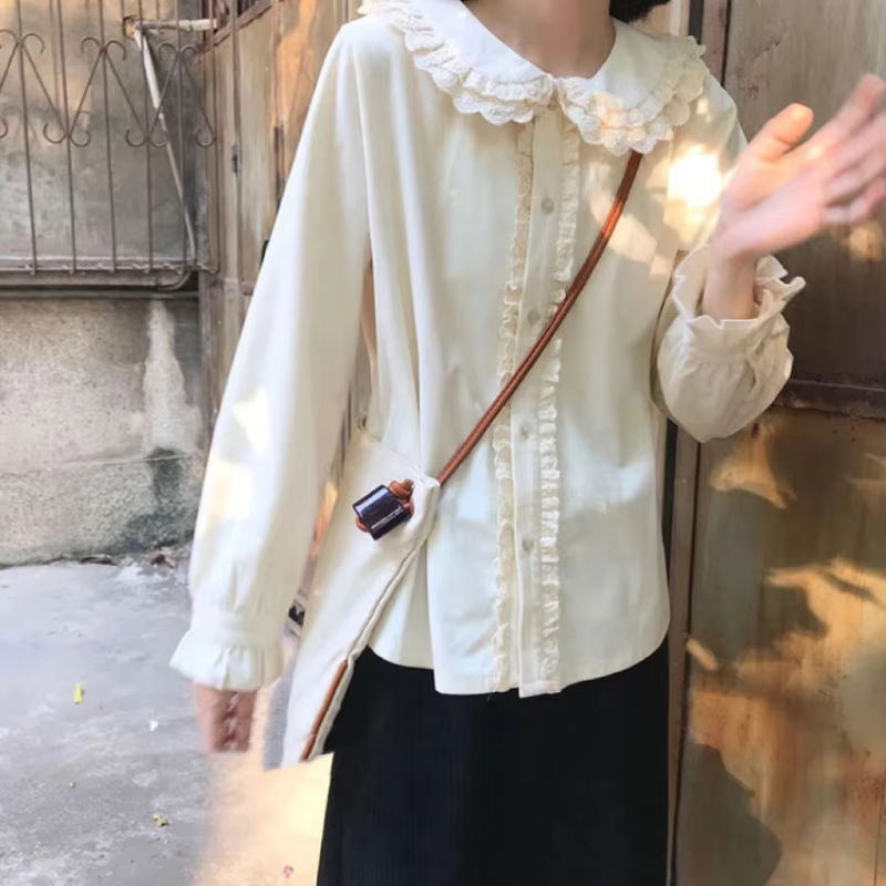 Chemises de style japonais Kawaii pour femmes, automne, loisirs, simple boutonnage, mode, col claudi