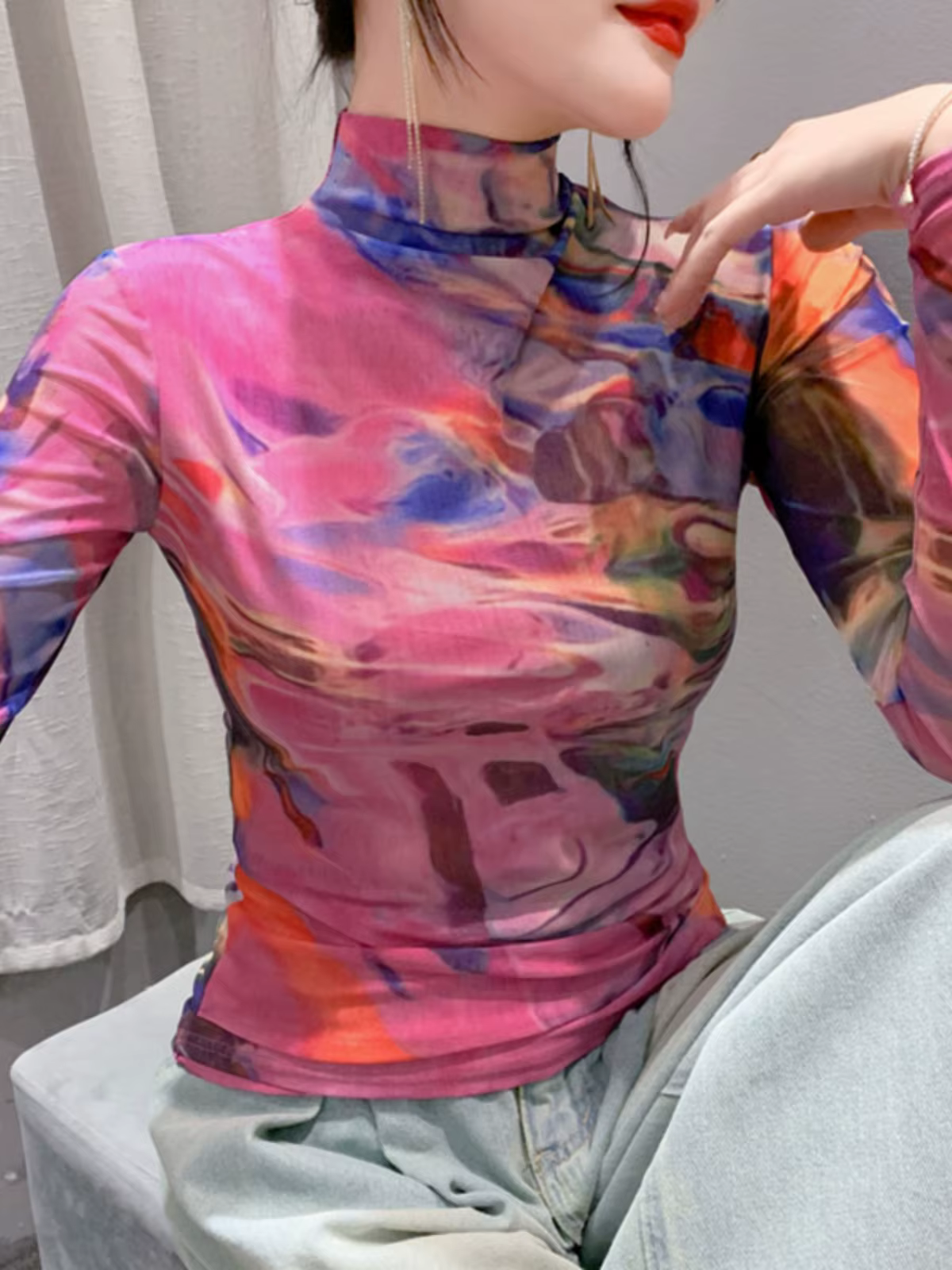 T-shirt en maille à col roulé à manches longues pour femmes, haut slim femme, taille S-4XL