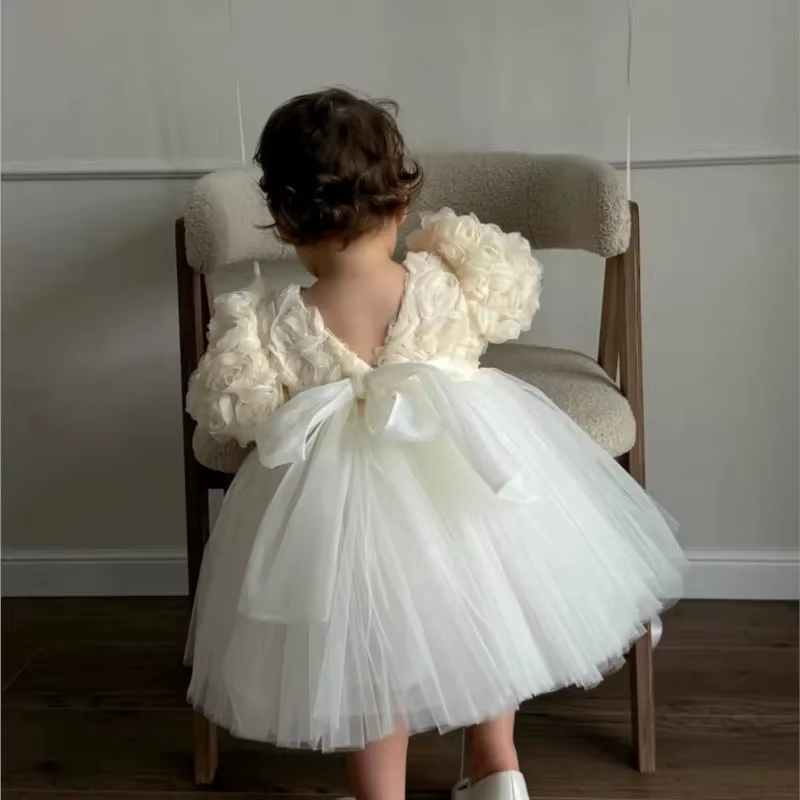 Robes Champagne pour petites filles, robe de princesse Tutu à fleurs 3D, tenue de fête, Costume form