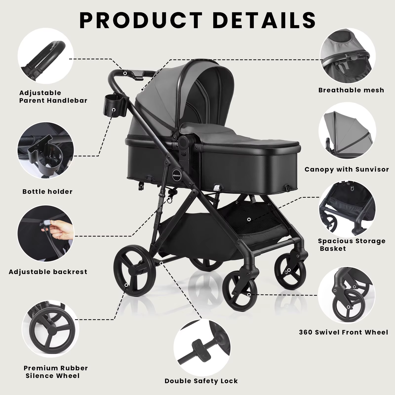 Poussette pour bébé 2 en 1, landau pliable avec siège réversible, auvent réglable, panier de rangeme
