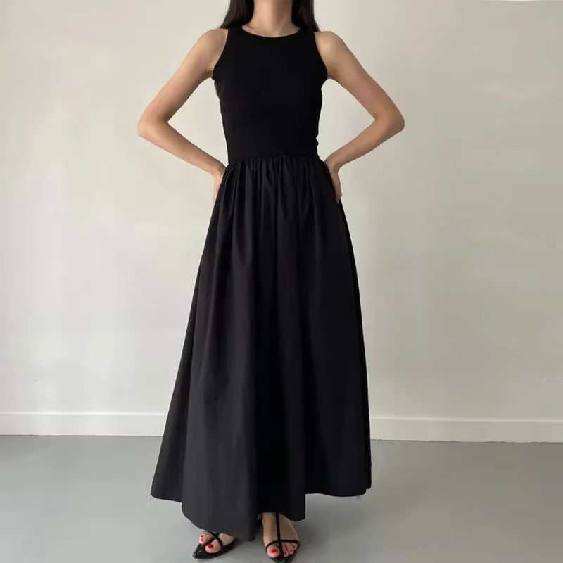 Robe longue noire Simple et élégante pour femmes, col rond, sans manches, taille haute, tempérament,