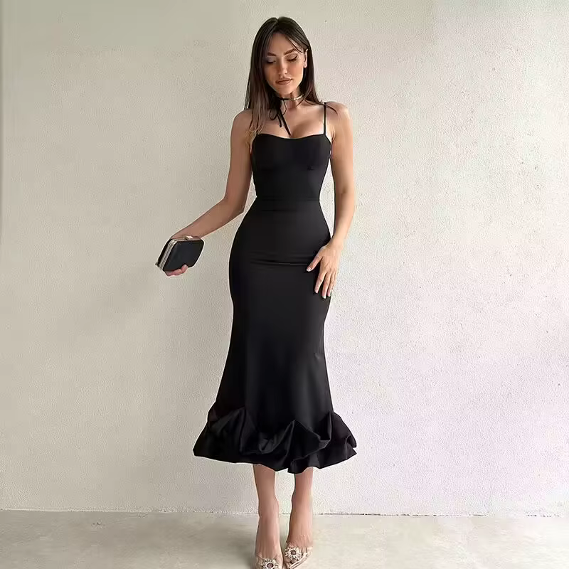 Robe mi-longue Sexy sans manches, dos nu, mode d'été, moulante, élégante, à volants, pour fête d'ann