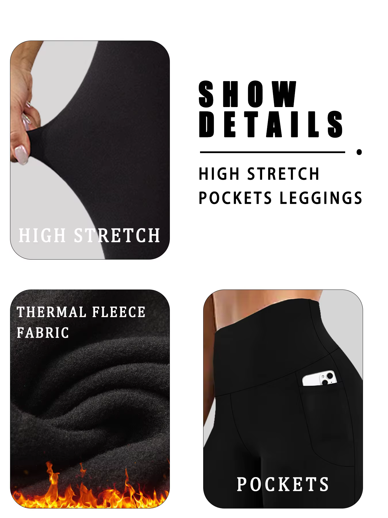 Leggings thermiques d'hiver pour femmes avec poches – Collants chauds épais taille haute doublés en 
