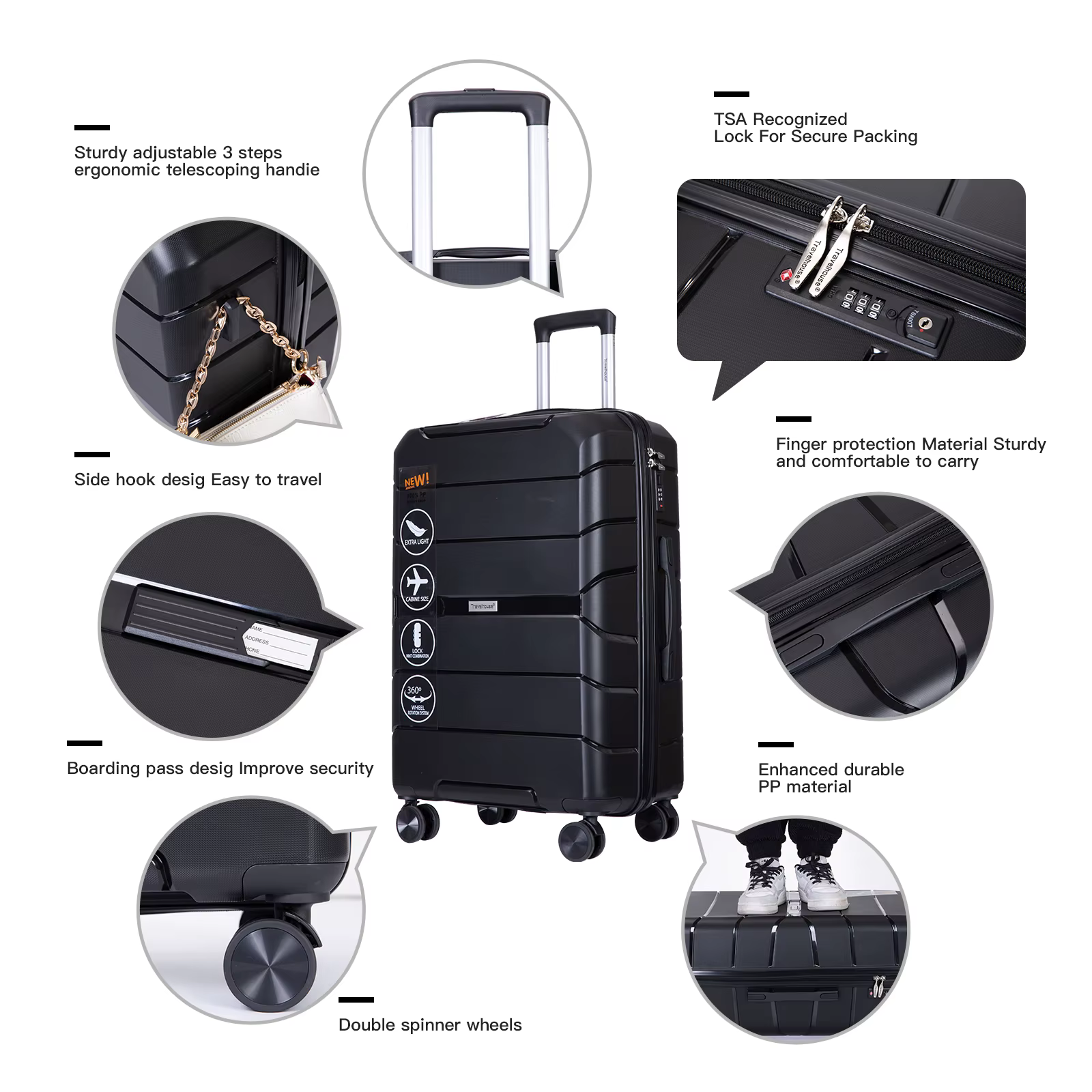 Travelhouse-Ensemble de Valises Rigides Légères avec Serrure TSA, Roues Spinner, PP, 3 Pièces, 20/24