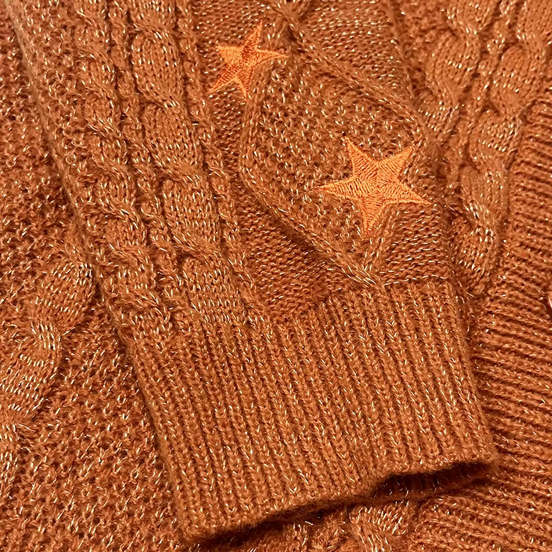 Cardigan TS scintillant pour femmes, pull en tricot épais Orange avec broderie d'étoiles, fil doré,