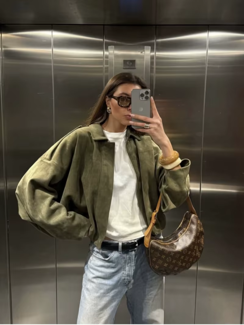 ETJ 2025 printemps nouveau effet de texture en daim pour femmes version ample de la mode revers épau
