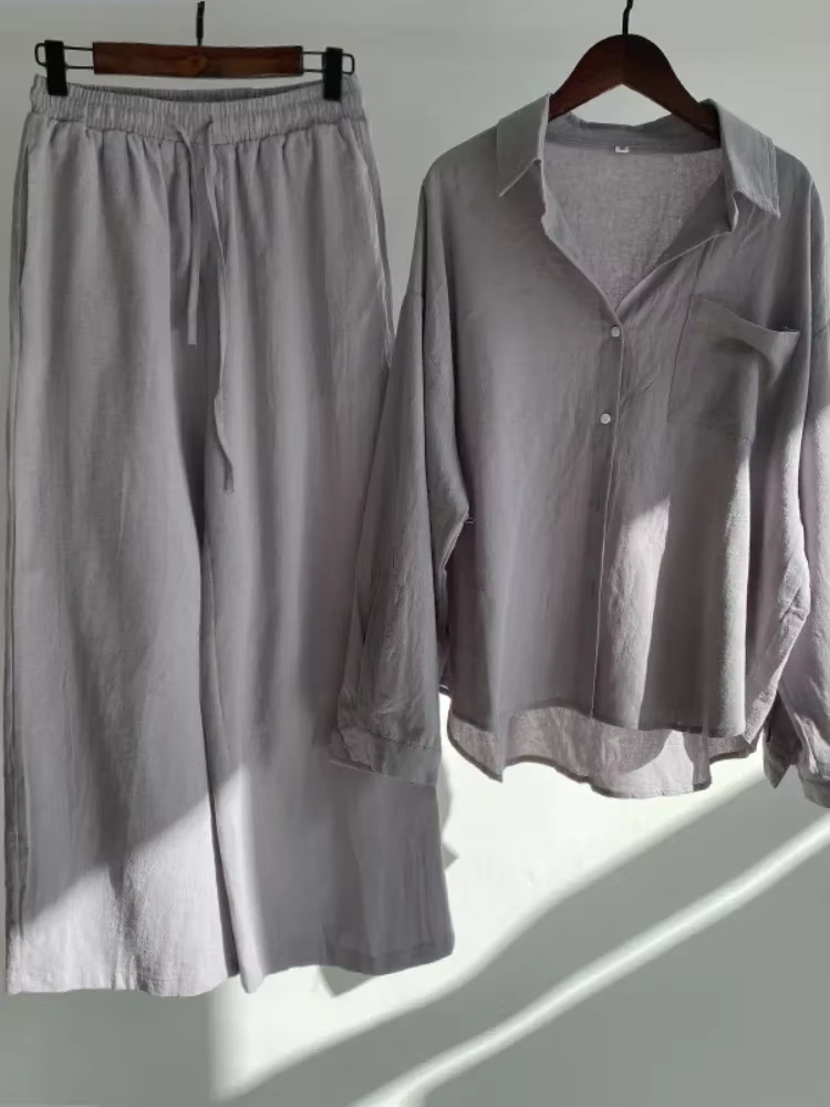 Costume chemise en coton et lin pour femmes, nouvelle tendance, taille haute, pantalon ample, ensemb