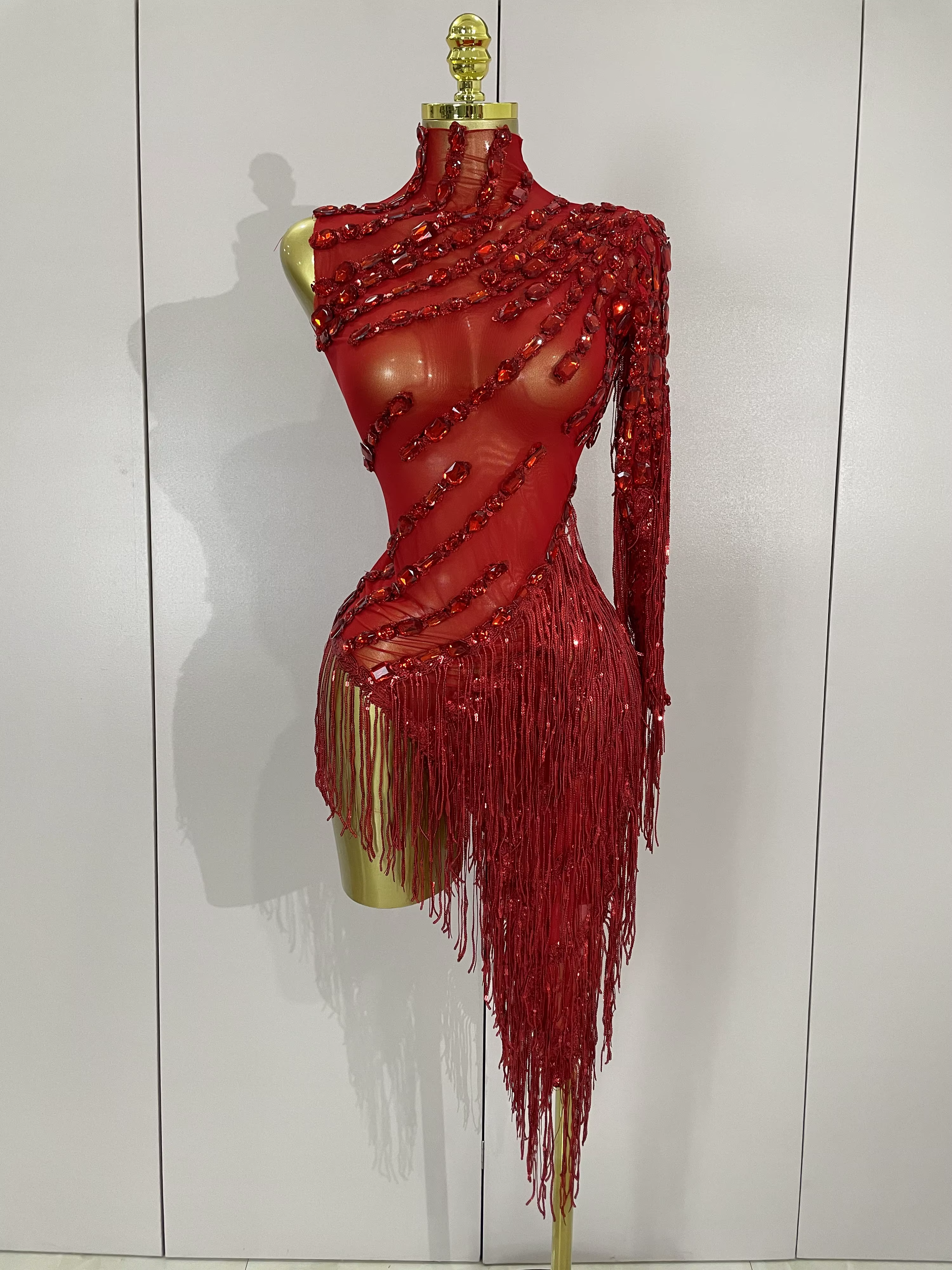 Costume de scène avec franges et strass scintillants pour femmes, robe transparente Sexy, asymétriqu