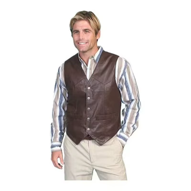 Gilet pour hommes d'affaires européens mode décontracté rétro couleur unie col en v bouton Western s