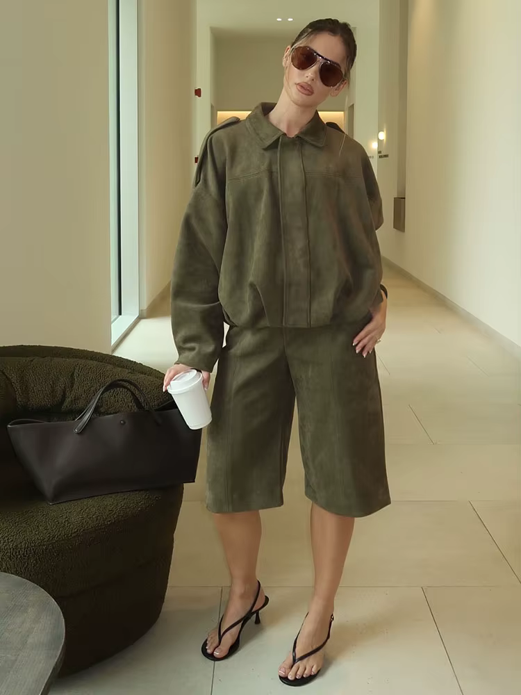 HH printemps femmes daim manteau pantalon ensembles revers fermeture éclair manches longues vestes S