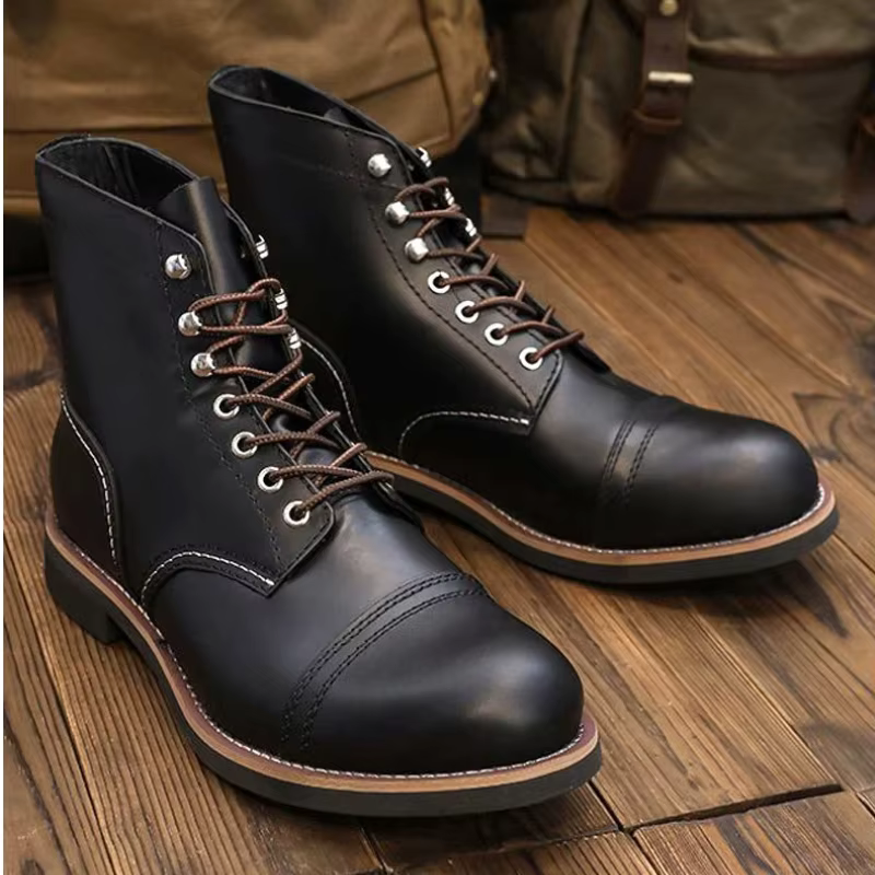 Amekaji Bottes de moto en cuir vintage, bottes du désert à bout pointu véritable avec semelle épaiss