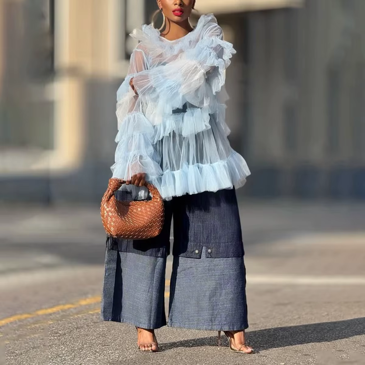 UOOZEE urbain femme Streetwear couches Denim pantalon à jambes larges ample élastique taille haute p