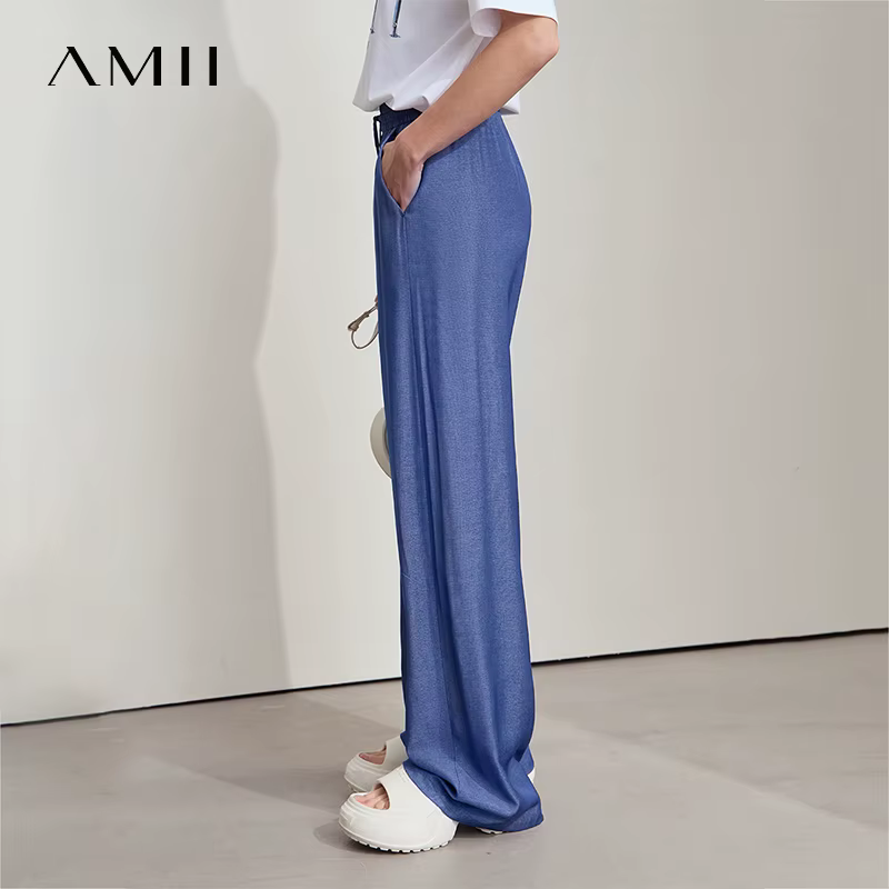 AMII décontracté pantalons d'été femmes 2025 nouveau solide cordon taille élastique ample droit Long