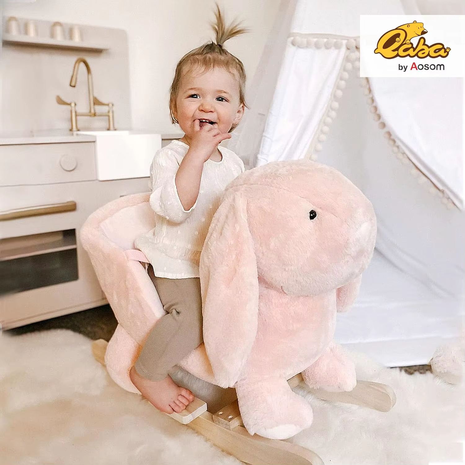 Qaba bébé cheval à bascule, lapin en peluche Animal Rocker avec son simulé, base en bois, ceinture d