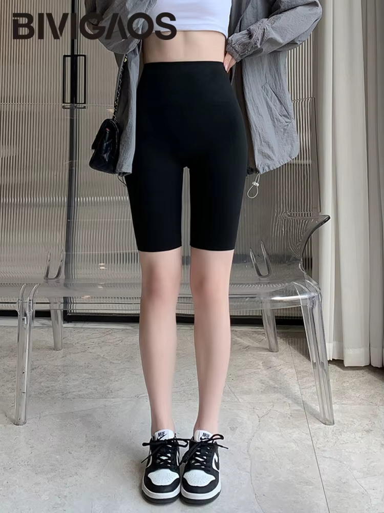 BIVIIncome OS-Short de Cyclisme Taille Haute pour Femme, Slim, Longueur Genou, Biker, Yoga Sports, L