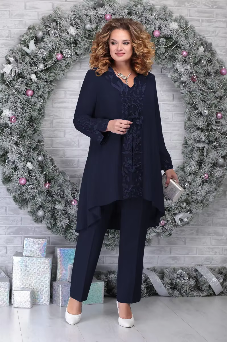 Ensemble trois pièces de fête brodé pour femmes, décontracté, ample, col en v, chemise longue irrégu