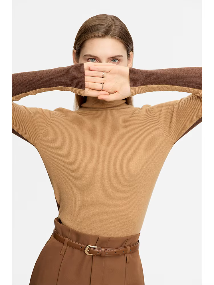 AMII minimaliste col roulé pull femmes 2025 couleur contraste printemps nouveau mince haut tricoté B
