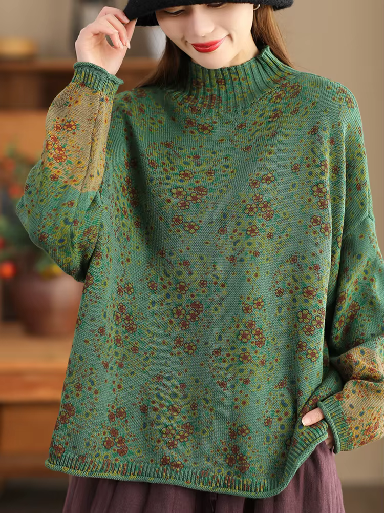 Amax luluE 2024 hiver mode col roulé chandails femmes classique lâche pulls floraux femmes Vintage l
