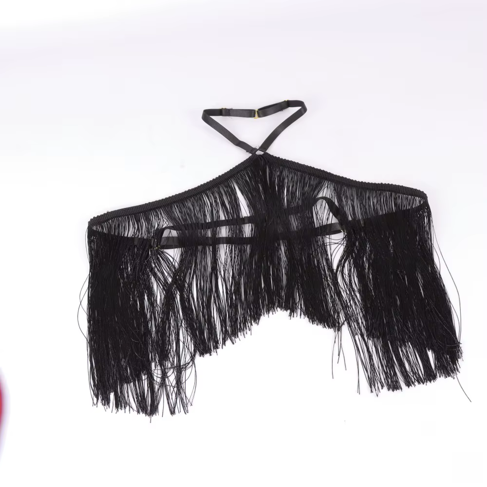 Haut licou à pampilles noires pour femmes, harnais élastique réglable, vêtements toutes saisons, hau