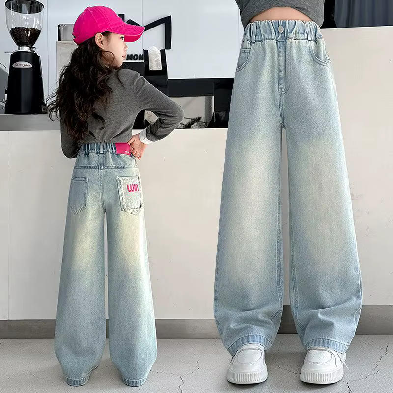Pantalon en coton doux pour filles, style coréen été 2026, jean ample décontracté à jambes larges po