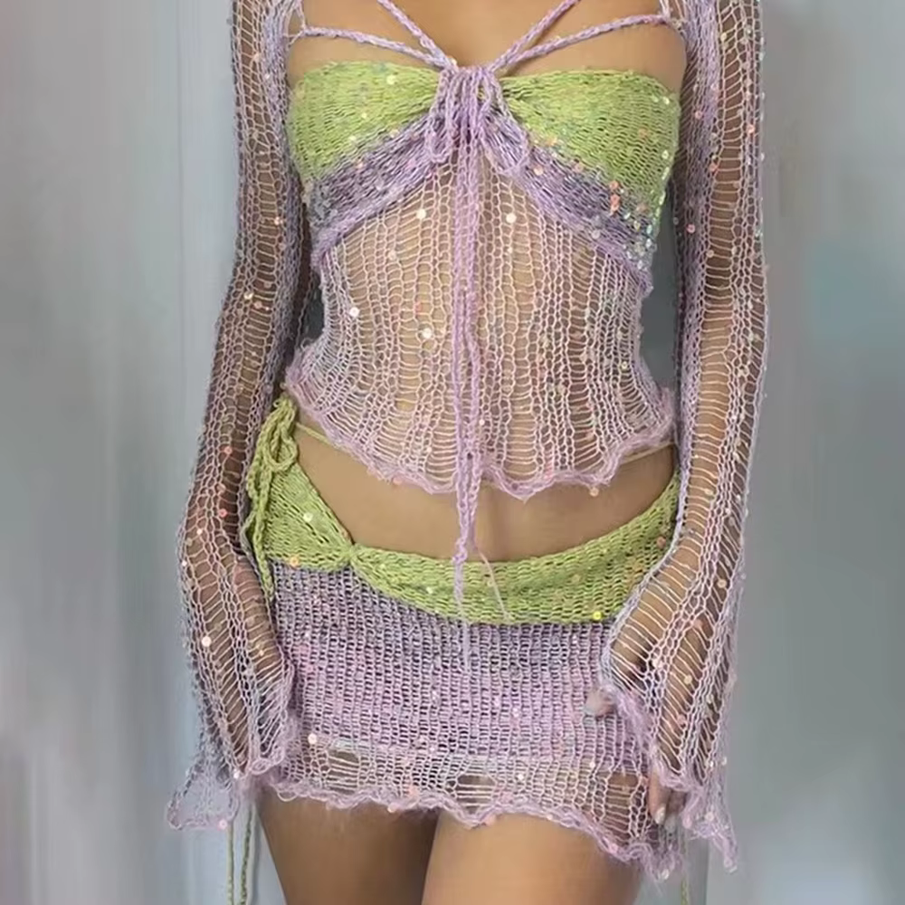 Robe tricotée au Crochet, ensemble jupe deux pièces, vêtements d'hiver pour femmes, haut court Sexy,