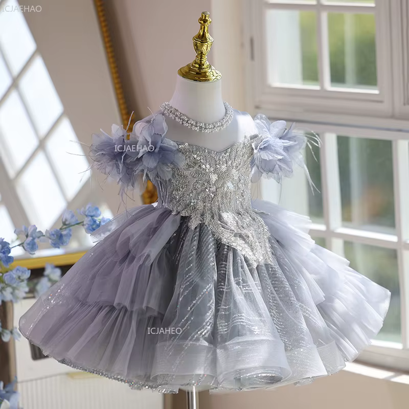 Robe de bal princesse grise pour filles, robe de fête d'anniversaire pour enfants, hôte de spectacle