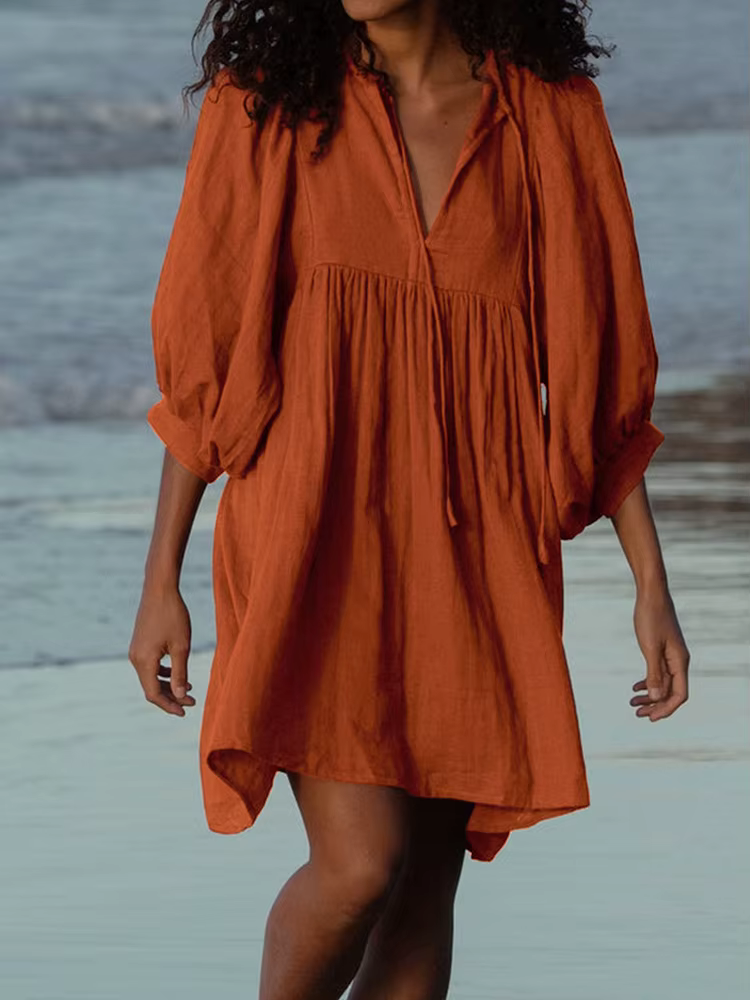 Robe plissée à col en V pour femmes, robes courtes à lacets, robe de plage élégante, manches lantern