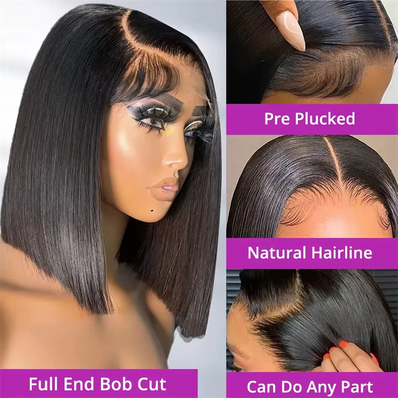 Perruque courte bob 13x6 HD Lace Frontal, lisse comme un bâton, sans colle, pré-coupée, avec closure