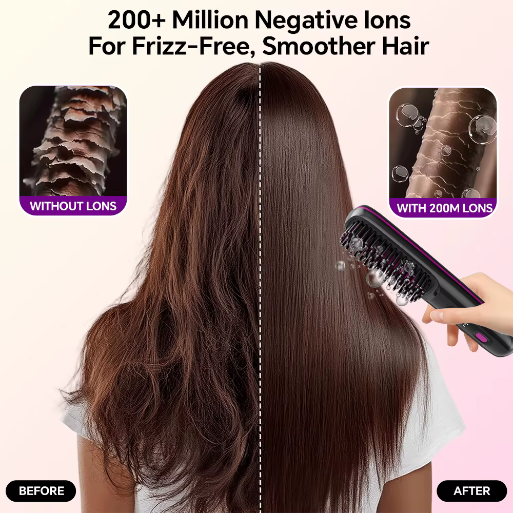 Brosse lissante sans fil rechargeable, peigne lissant à ions négatifs avec 3 réglages de température