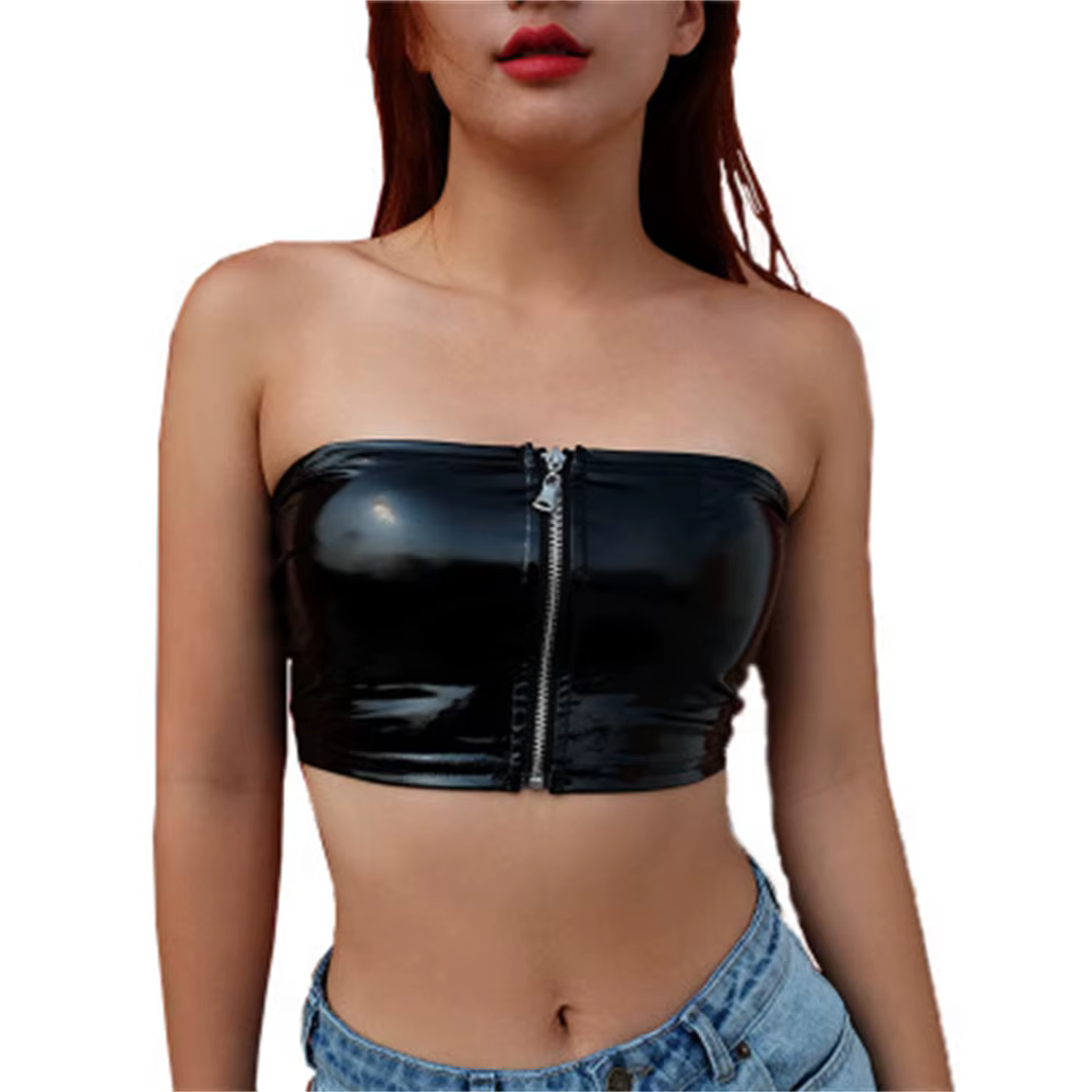 Débardeur court sexy en similicuir PU noir brillant avec fermeture éclair, style bandeau, bustier, b